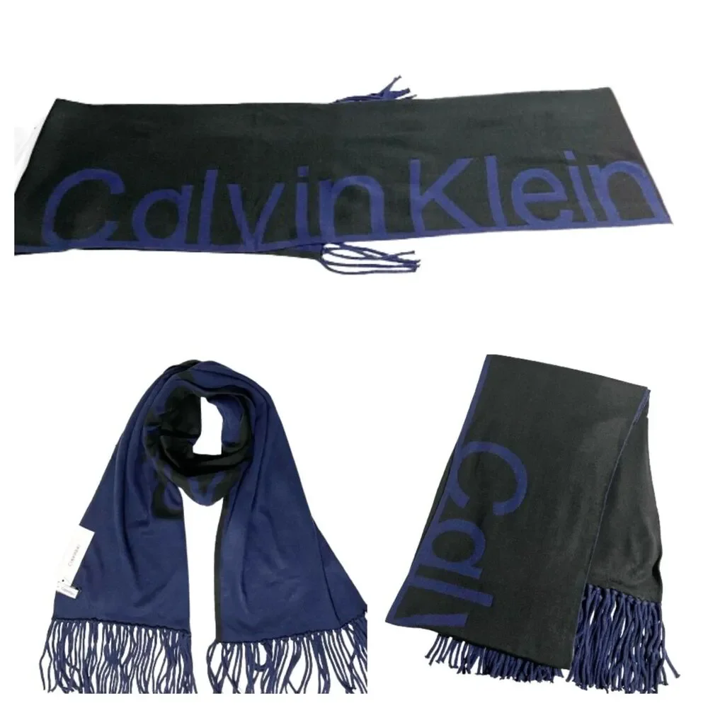 Men's Scarf Black/Blue Reversible Knit Fringe Double Thick Calvin Klein NEW GIft